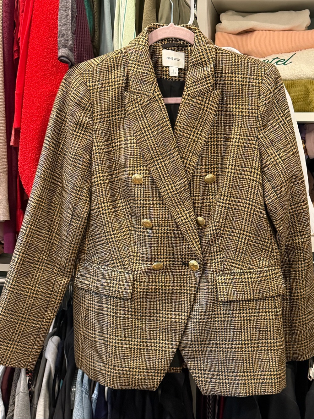Nine West Women’s Brown/Gold Plaid Double-Breasted Blazer Small